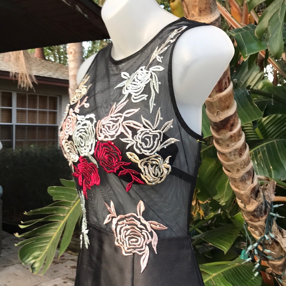 Xscape  dark floral sheer mermaid trumpet gown